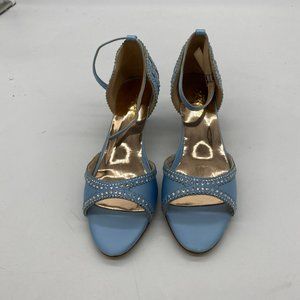 XYD blue rhinestone peep toe kitten low heels ankle strap pumps shoes